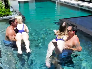 Bi Stepdaughters Exchange Dads In A Pool Sex